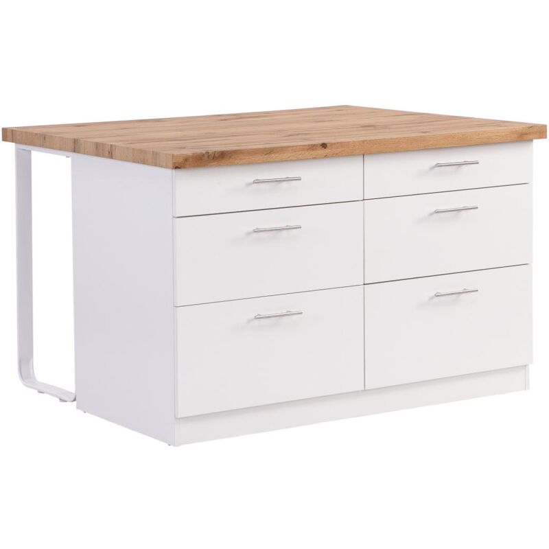foto del prodotto isola centrale da cucina con 6 cassetti in mdf e metallo bianco e naturale chiaro alegrita