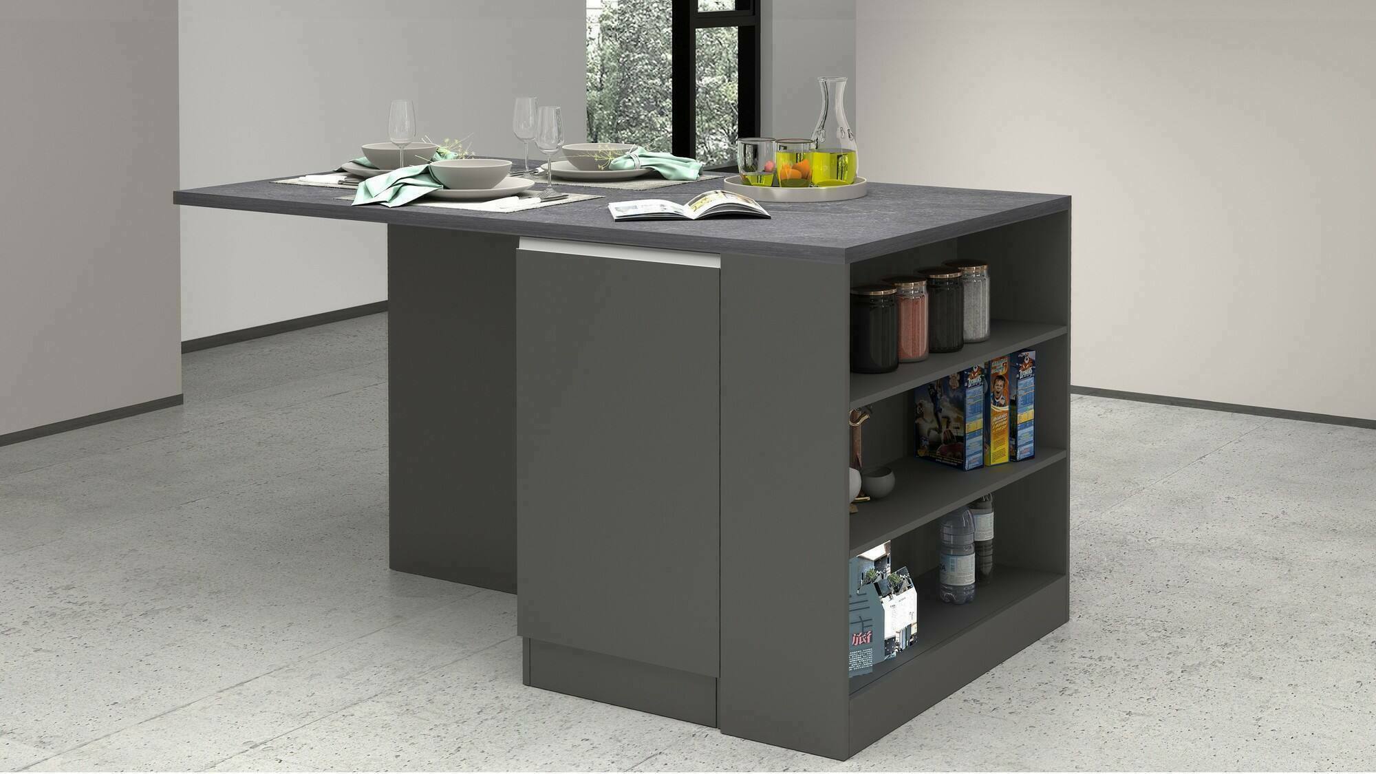 foto del prodotto isola da cucina abern, mobile da cucina a 2 ante, tavolo ausiliario portaoggetti, 100 made in italy, 160x90h90 cm, antracite e ardesia