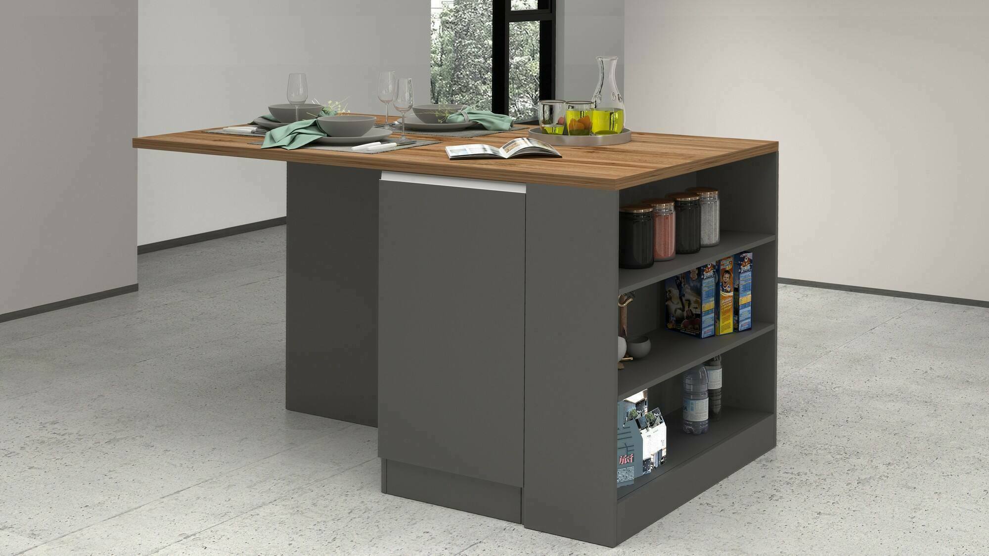 foto del prodotto isola da cucina abern, tavolo ausiliario portaoggetti, mobile da cucina a 2 ante, 100 made in italy, 160x90h90 cm, antracite e rovere