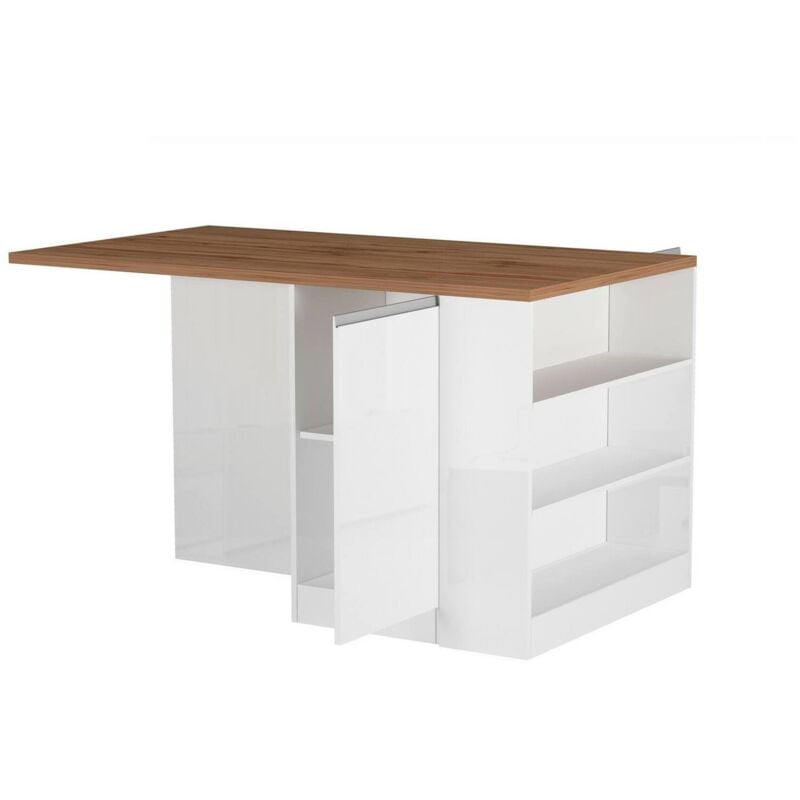 foto del prodotto isola da cucina abern, tavolo ausiliario portaoggetti, mobile da cucina a 2 ante, 100 made in italy, 160x90h90 cm, bianco lucido e rovere
