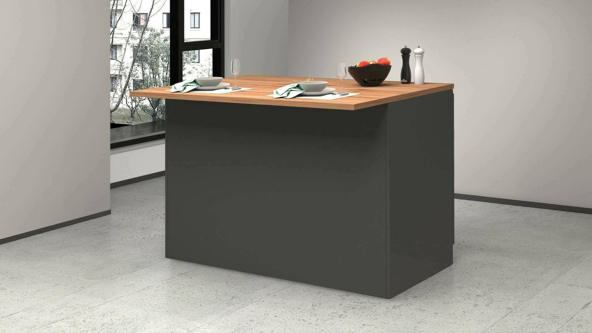foto del prodotto isola da cucina analiza, tavolo ausiliario portaoggetti, mobile da cucina a 2 ante, 100 made in italy, 125x90h90 cm, antracite e rovere