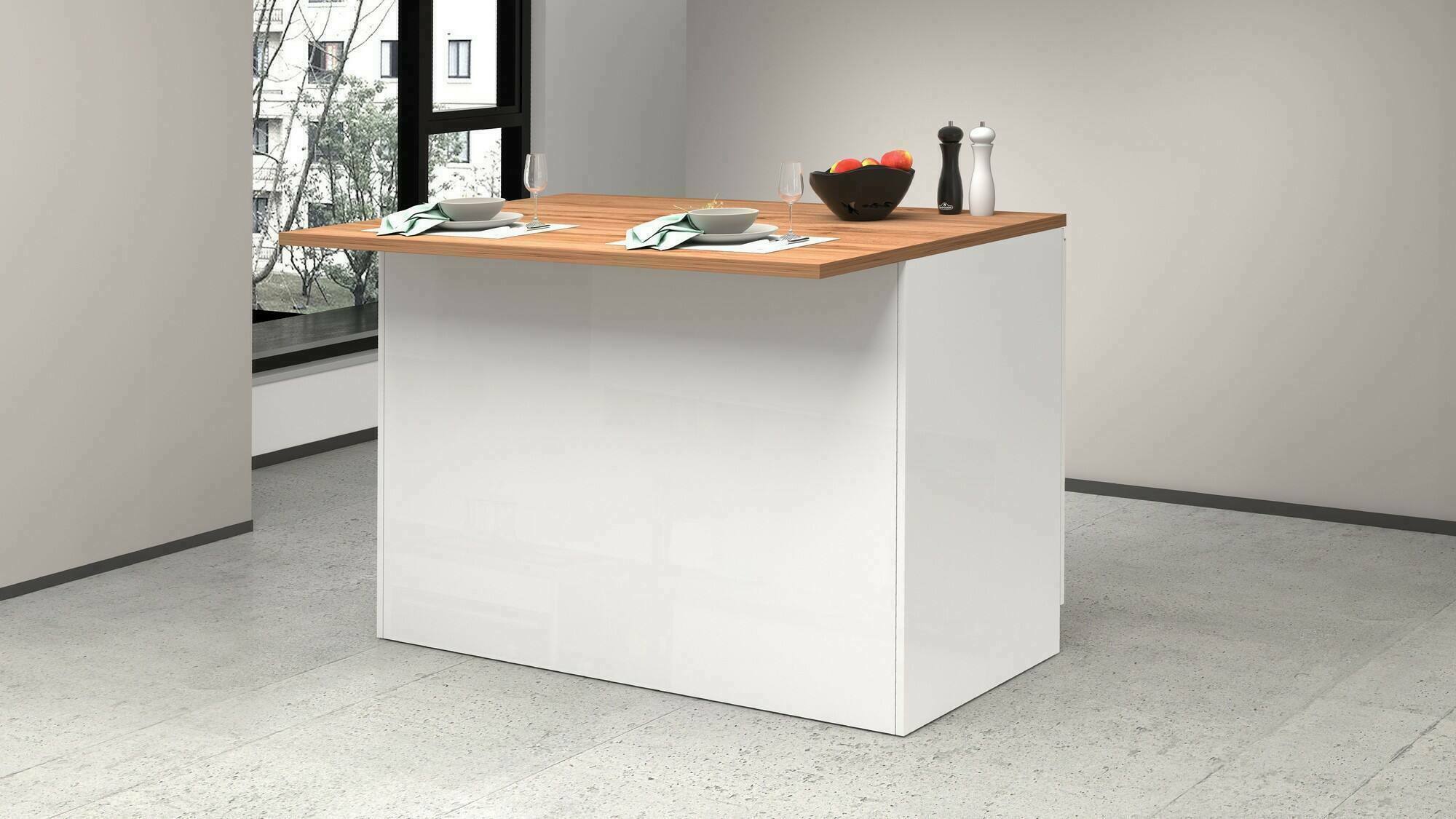 foto del prodotto isola da cucina analiza, tavolo ausiliario portaoggetti, mobile da cucina a 2 ante, 100 made in italy, 125x90h90 cm, bianco lucido e rovere