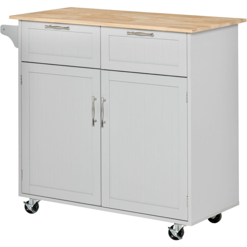 foto del prodotto isola da cucina in legno con 2 cassetti, armadietto e 4 ruote, grigio homcom
