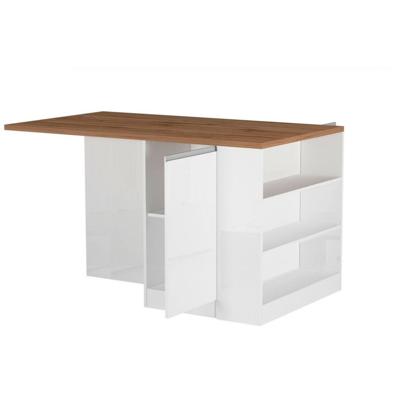 foto del prodotto isola da cucina osvaldo, tavolo ausiliario portaoggetti, mobile da cucina a 2 ante, 100 made in italy, 160x90h90 cm, bianco lucido e rovere, con