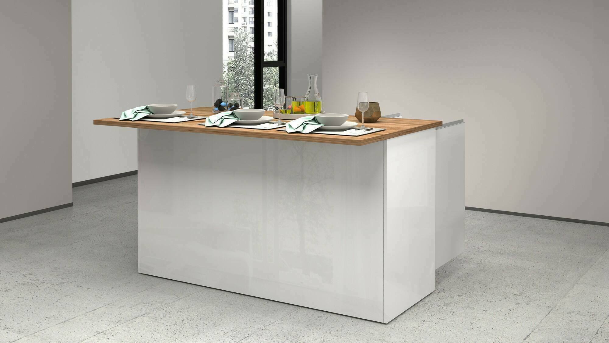 foto del prodotto isola da cucina tartaro, armadio multiuso, mobile per cucinotto, tavolo ausiliario, 100 made in italy, 155x90h90 cm, bianco lucido e rovere dmora