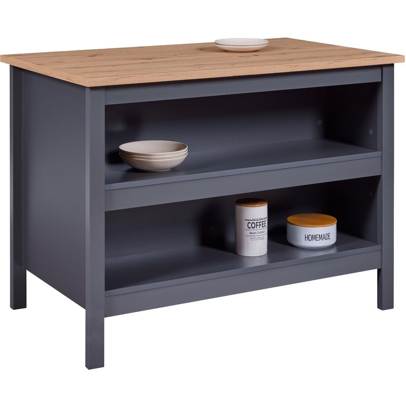 foto del prodotto isola nellina per cucina 2 ripiani e vano sgabelli 124x75x91,5cm laminato grigio e quercia artisan
