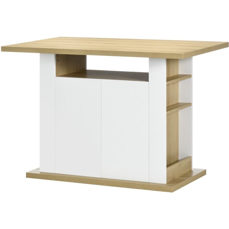 foto del prodotto isola per cucina 4 6 persone con armadietti e ripiani aperti 110x70x75,5 cm in truciolato bianco e color legno