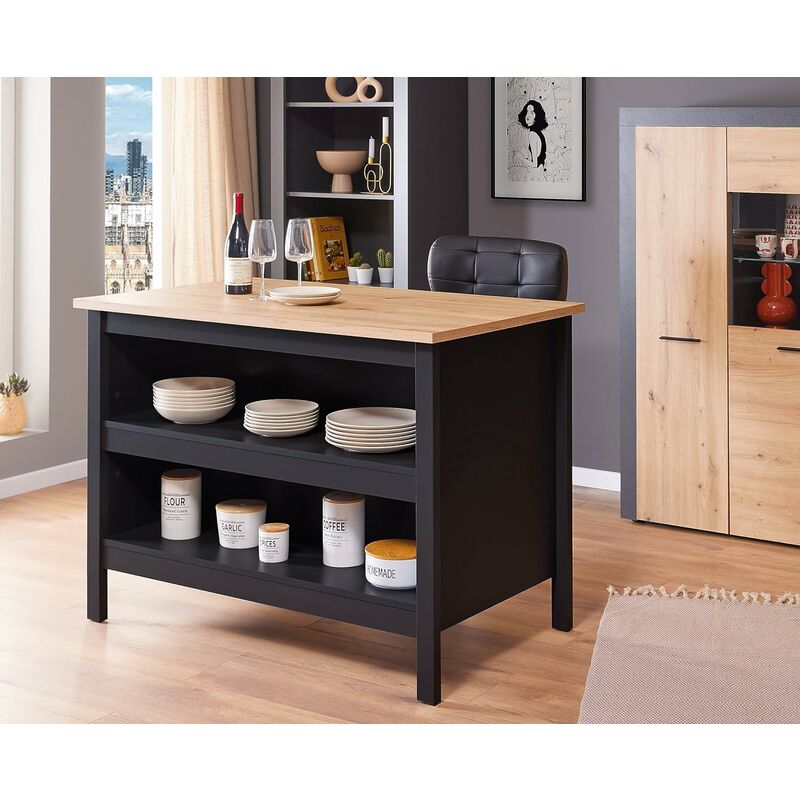 foto del prodotto isola per cucina redenza 2 ripiani cm 124x75x82h helina nero e rovere inter link
