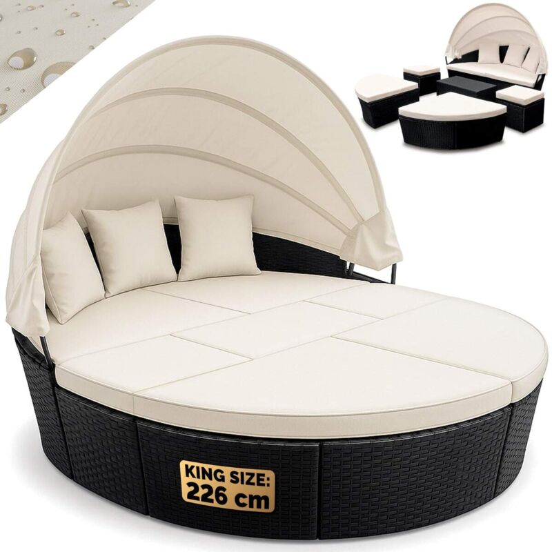 foto del prodotto isola prendisole xxl in polyrattan 226cm tettucio parasole pieghevole imbottiture spesse 7cm 3 cuscini lettino prendisole mobili da giardino