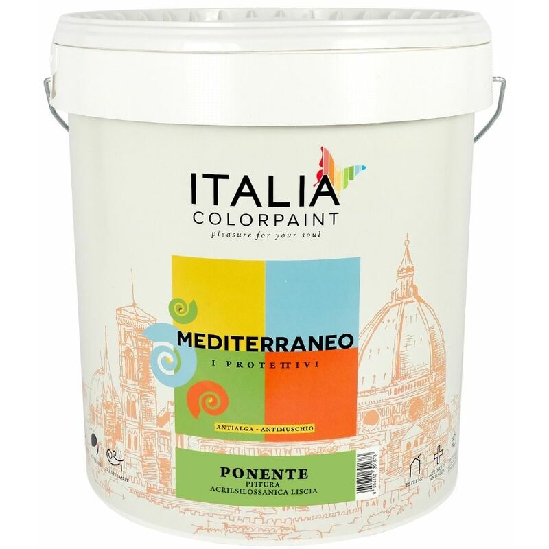 foto del prodotto italia colorpaint mediterraneo ponente idropittura acrilsilossanica liscia protettivo antialga tinta bianco contenuto litri 14 confezione 1