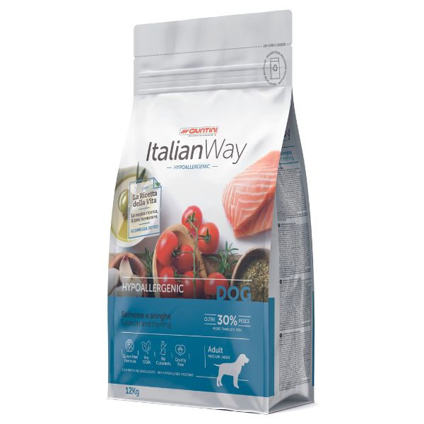foto del prodotto italianway medium maxi adult hypoallergenic salmone e aringhe 12 kg 1 ordine scegli lo sconto bzr5 bzr20 200 punti fedelt 