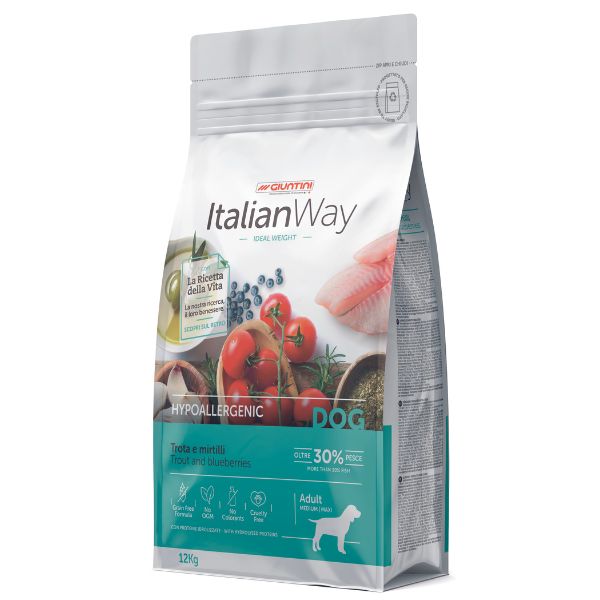 foto del prodotto italianway medium maxi adult hypoallergenic trota e mirtilli 12 kg 1 ordine scegli lo sconto bzr5 bzr20 200 punti fedelt 