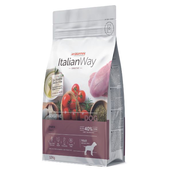 foto del prodotto italianway medium maxi adult sensitive anatra 12 kg crocchette monoproteiche cane 1 ordine scegli lo sconto bzr5 bzr20 200 punti fedelt 