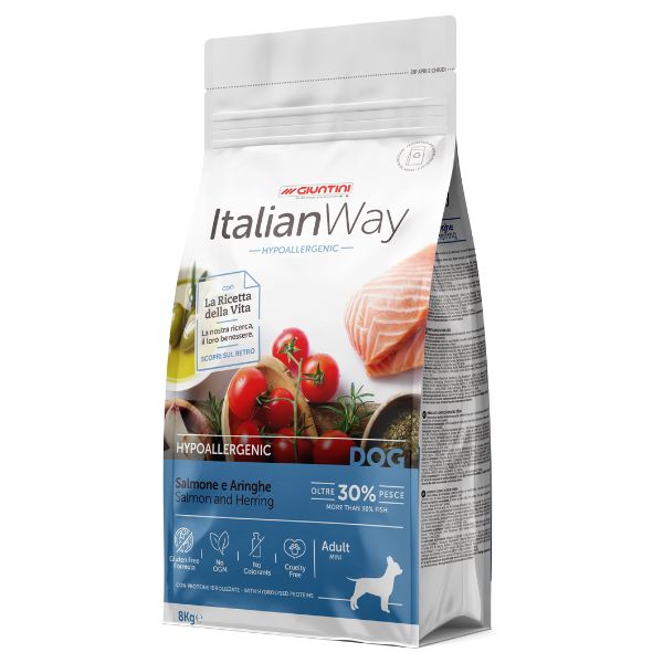 foto del prodotto italianway mini adult hypoallergenic salmone e aringhe 8 kg croccantini per cani 1 ordine scegli lo sconto bzr5 bzr20 200 punti fedelt 