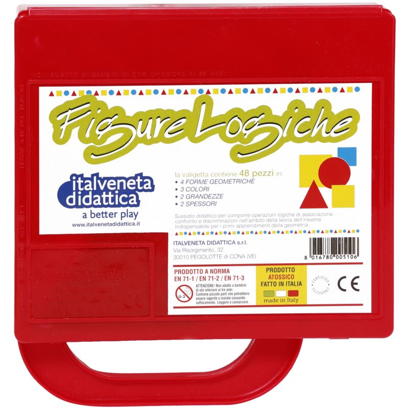 foto del prodotto italveneta didattica valigetta didattica con 48 blocchi logici in plastica, figure logiche di vari colori e forme, gioco educativo per