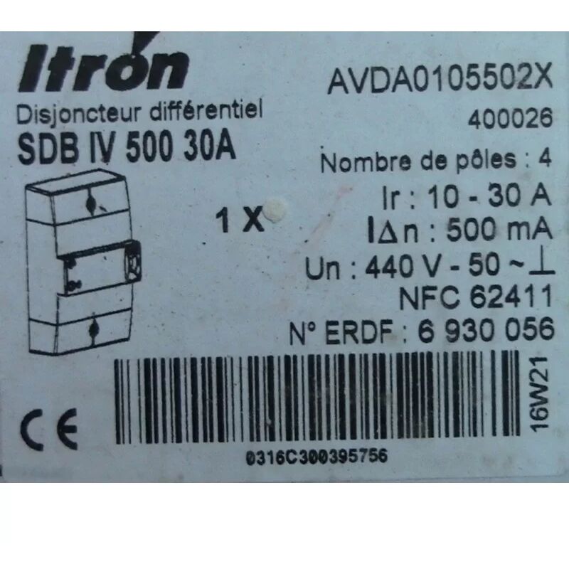 foto del prodotto itron 400026 interruttore automatico di connessione diff 500ma 4p 10 30a sdb iv 000 30a