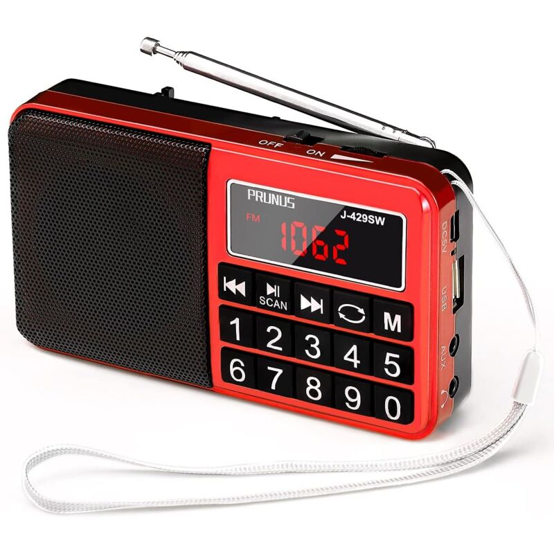 foto del prodotto j 429 piccola radio portatile am fm sw ricaricabile con altoparlante aux sd tf mp3. radio a batteria con pulsanti grandi e ampio display. nessun