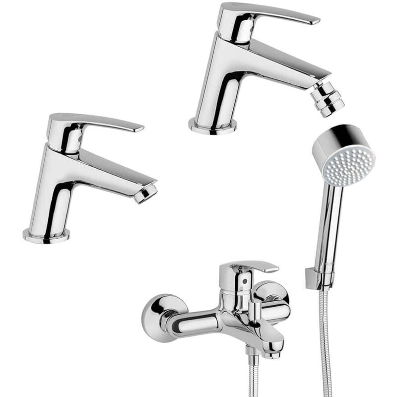 foto del prodotto jacuzzi miscelatori in set lucente rubinetteria lavabo e bidet per piletta click clack con gruppo vasca