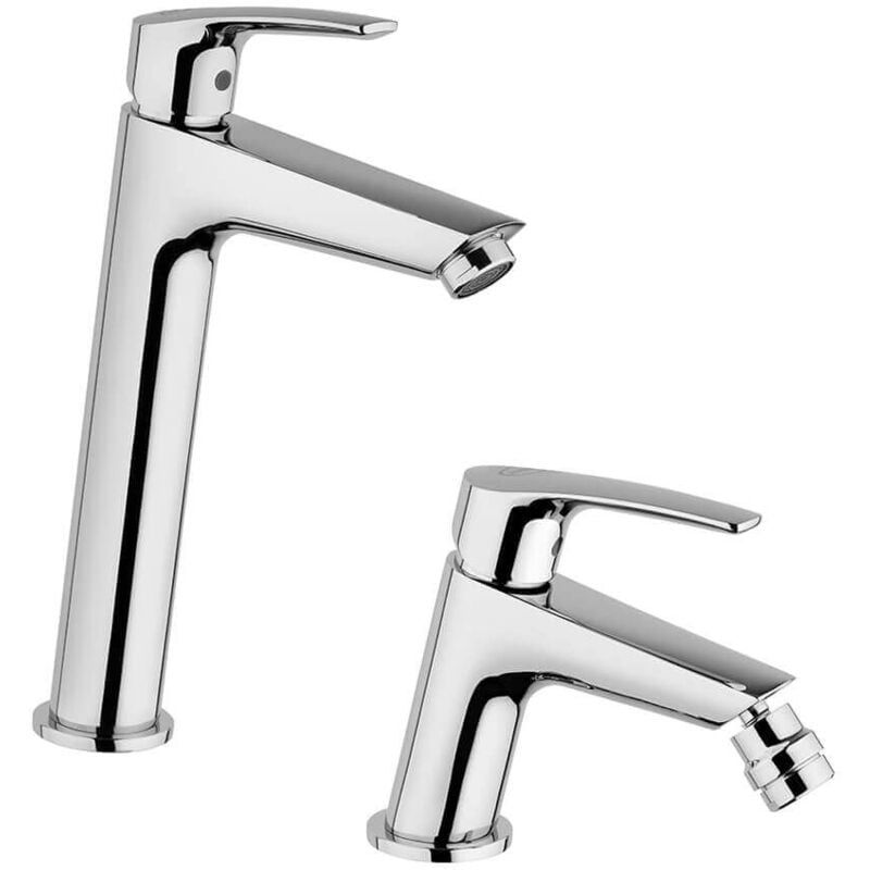 foto del prodotto jacuzzi rubinetteria set miscelatori lucente lavabo alto e bidet per piletta click clack