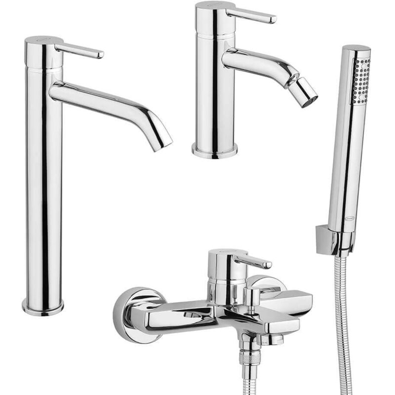 foto del prodotto jacuzzi set miscelatori lavabo alto bidet gruppo vasca rubinetteria sunset ottone cromato per piletta click clack
