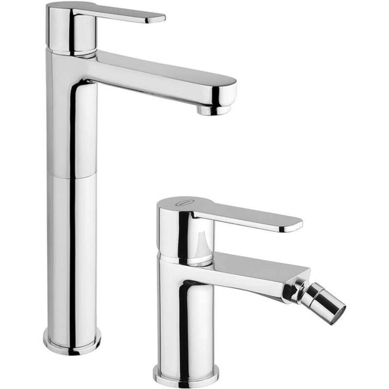 foto del prodotto jacuzzi set miscelatori lavabo alto bidet rubinetteria eolo ottone cromato per piletta click clack
