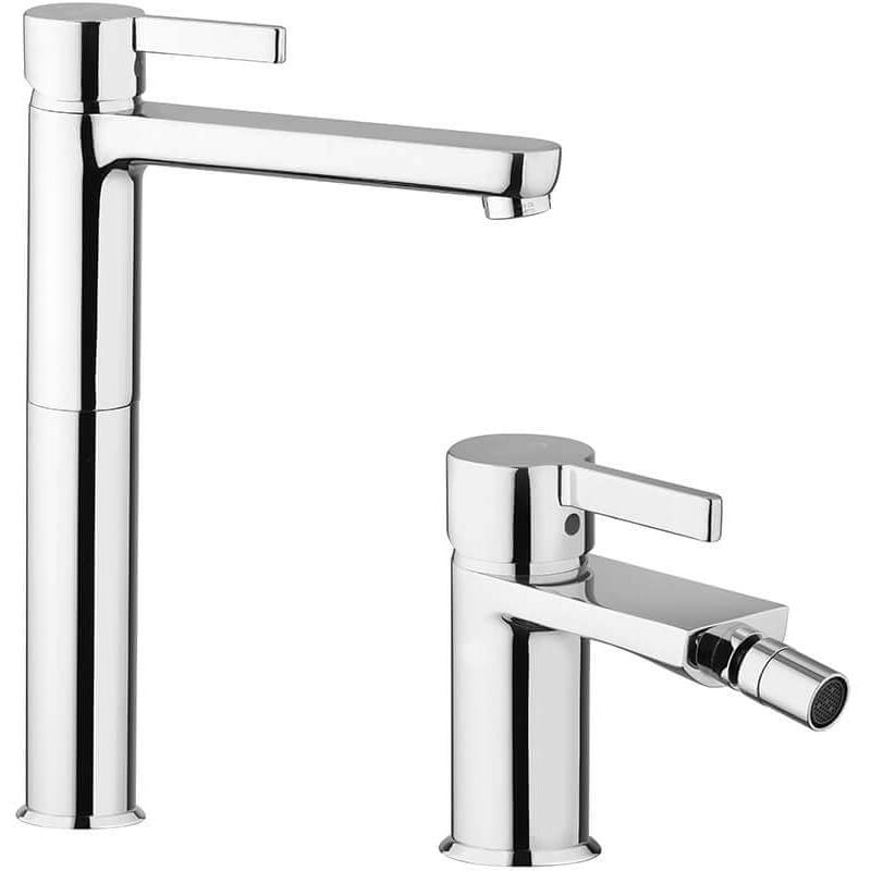 foto del prodotto jacuzzi set miscelatori lavabo alto e bidet rubinetteria modello fiamma per piletta click clack