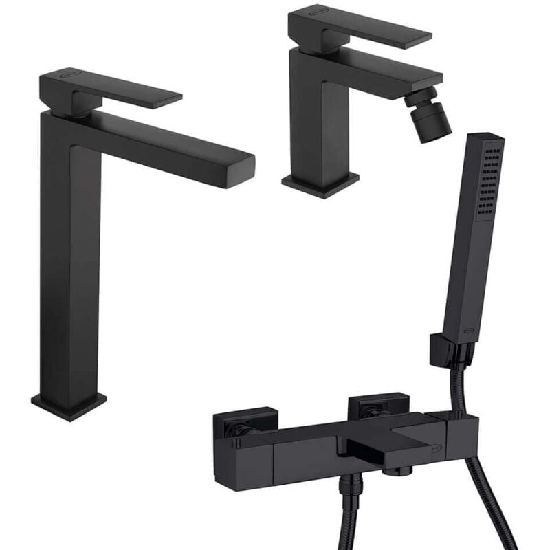 foto del prodotto jacuzzi set rubinetti lavabo alto bidet e gruppo vasca termostatico nero opaco serie twinkle di rubinetteria