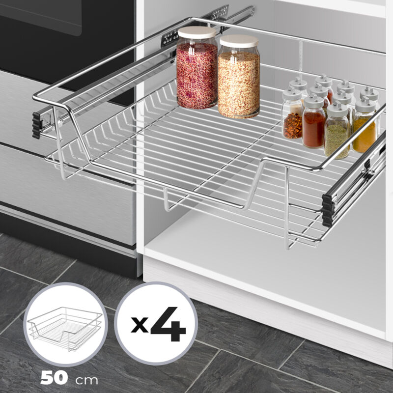 foto del prodotto jago cassetto estraibile per cucina set da 4, per mobili di larghezza 50 cm, con guide scorrevoli, metallo cromato cestello, cesto, cassetto