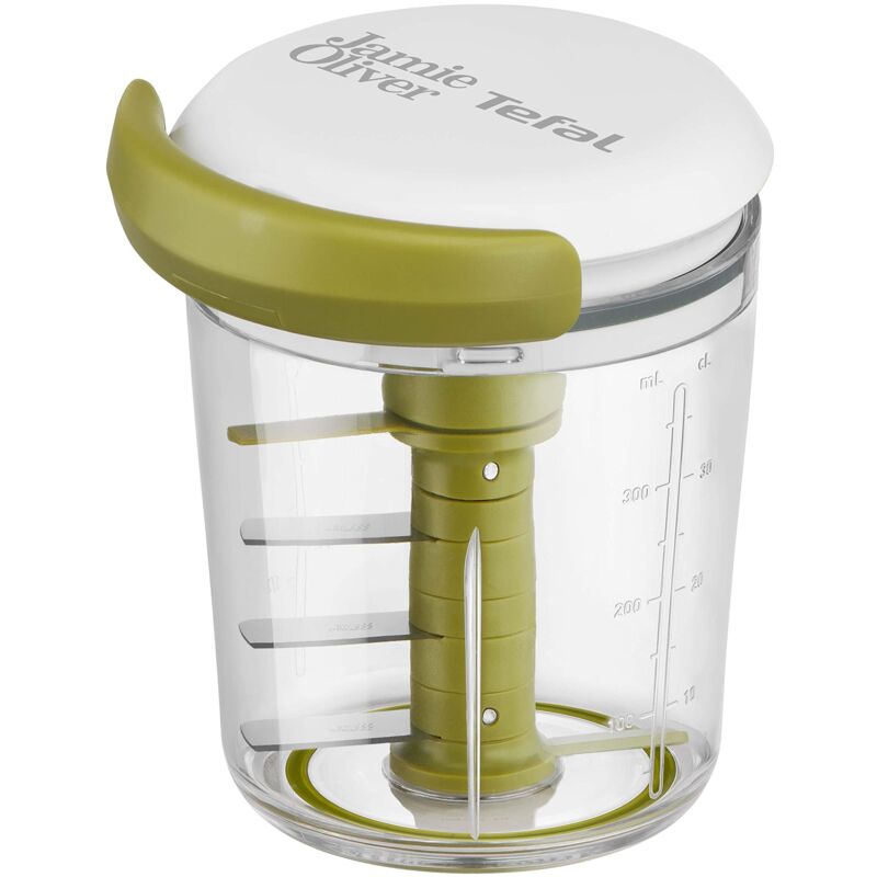 foto del prodotto jamie oliver, chop shaker, tritatutto manuale e shaker per alimenti, lame in acciaio inox, coperchio a prova di fuoriuscite, verdure, cipolle,