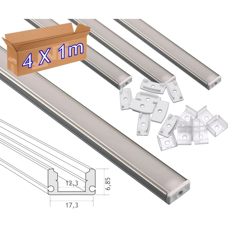 foto del prodotto jandei 4x1m profilo in alluminio tira surface led con coperchio traslucido 12,3x6,08 mm strips led