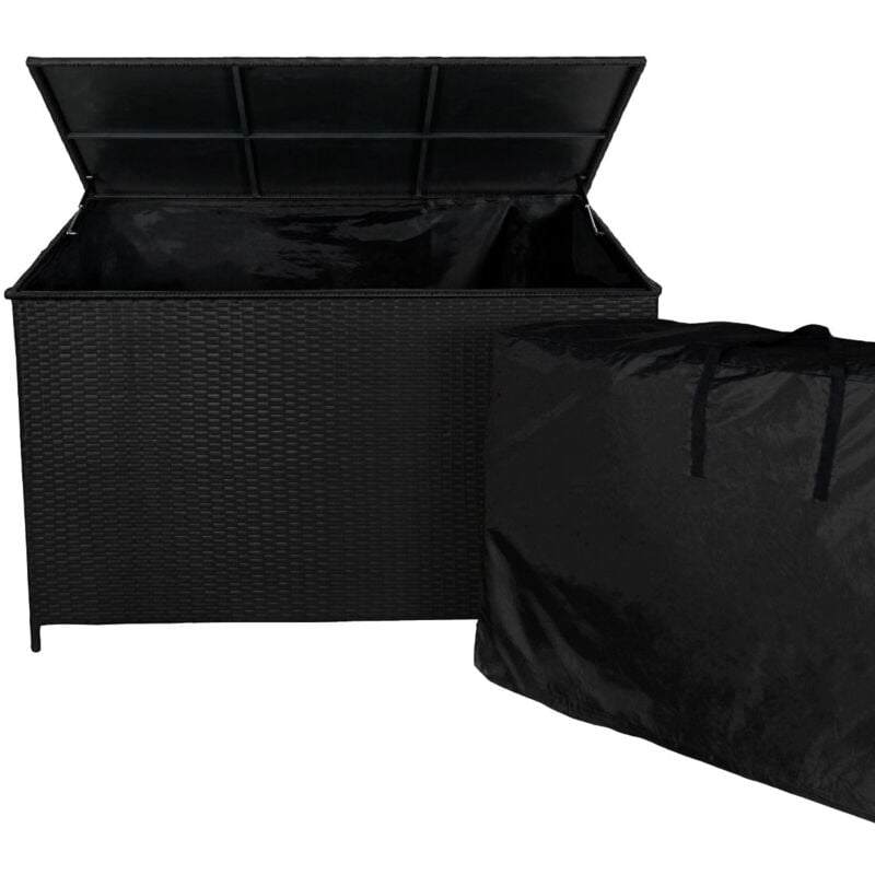 foto del prodotto jard box portaoggetti cassapanca da giardino in rattan nero 582l, sollevamento assistito del coperchio telaio in acciaio resistente borsa
