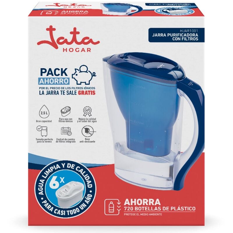 foto del prodotto jata hogar hjar1001 caraffa con filtro acqua da 2,5 litri, con 6 cartucce ioniche, riduce calce, cloro e residui di rame, acqua aromatizzata e
