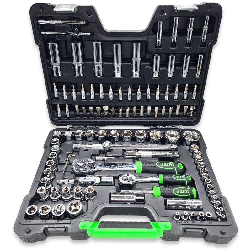 foto del prodotto jbm valigetta utensili professionale 108 pezzi con bussole esagonali cromate, cricchetti, prolunghe, kit attrezzi per auto, officina e fai da te