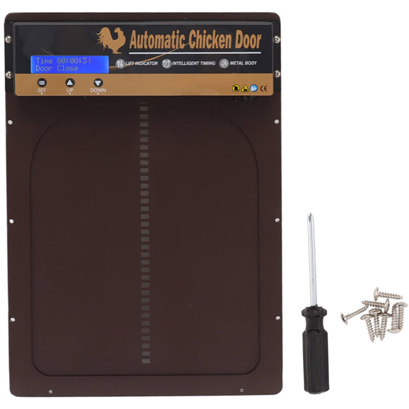 foto del prodotto jeffergarden porta automatica per pollaio con timer display hd a led in lega di alluminio alimentato a batteria per fattoria marrone