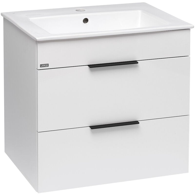 foto del prodotto jika groupe roca mobili da bagno cube white 2 cassetti 64x42,2x62,2cm lavabo in ceramica bianca e troppopieno h4536021763001 