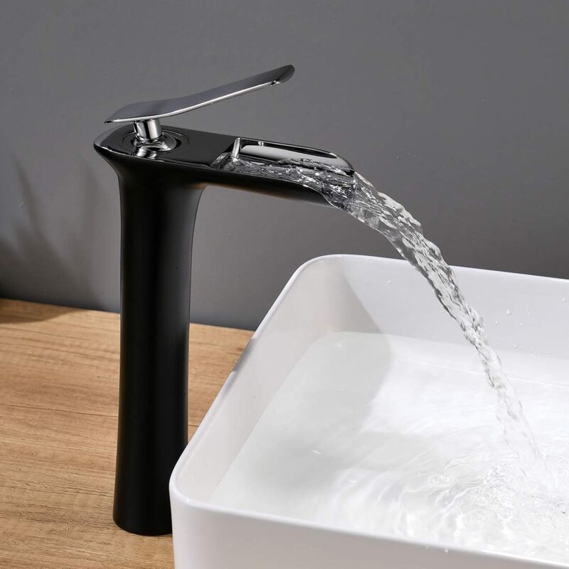 foto del prodotto jn.songs rubinetto bagno lavabo, cascata miscelatore monocomando per bagno, miscelatore con attacco acqua fredda calda nero argento