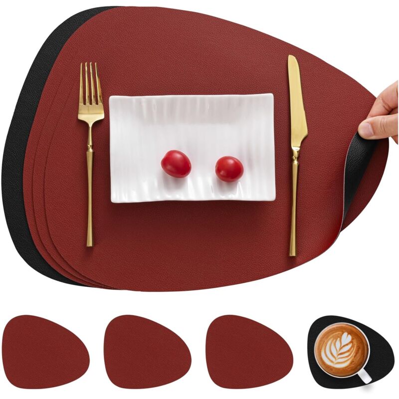 foto del prodotto jn.songs set di 4 tovagliette e sottobicchieri, tovagliette in pelle antiscivolo impermeabili a doppia faccia rosso
