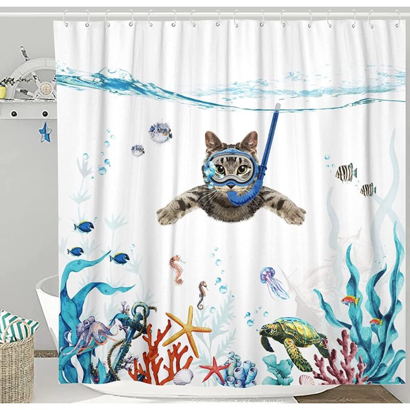 foto del prodotto jn.songs tenda da doccia ocean cat, tende doccia stampato impermeabile lavabile anti tessuto con ganci 180x230