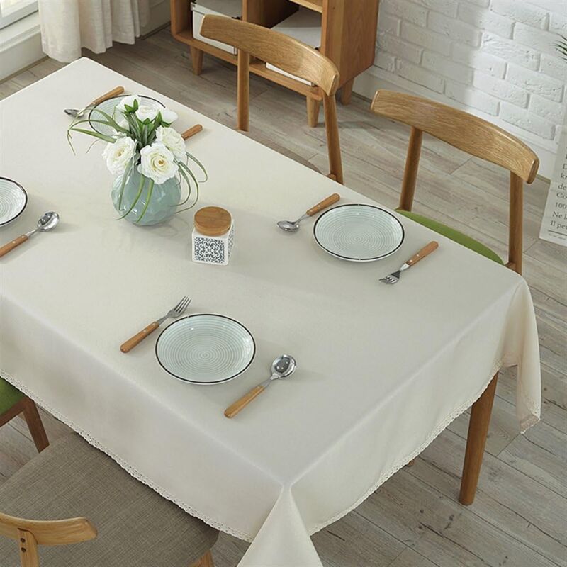 foto del prodotto jn.songs tovaglia in lino lavabili tovaglie con bordo in pizzo per tavolo rettangolare salotto cucina beige 130x180cm