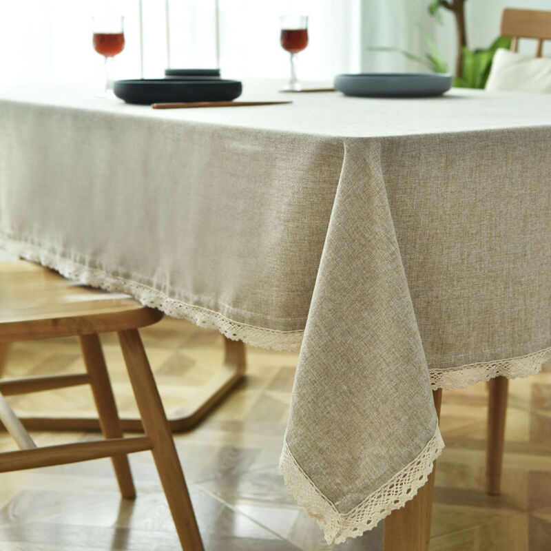 foto del prodotto jn.songs tovaglia in lino lavabili tovaglie con bordo in pizzo per tavolo rettangolare salotto cucina marrone chiaro 130x180cm