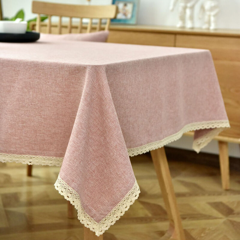foto del prodotto jn.songs tovaglia in lino lavabili tovaglie con bordo in pizzo per tavolo rettangolare salotto cucina rosa 130x220cm