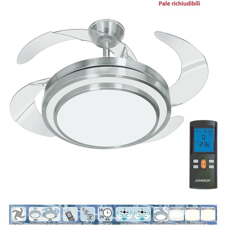foto del prodotto johnson ventilatore da soffitto 4 pale a scomparsa lustra luce telecomando funzione reverce