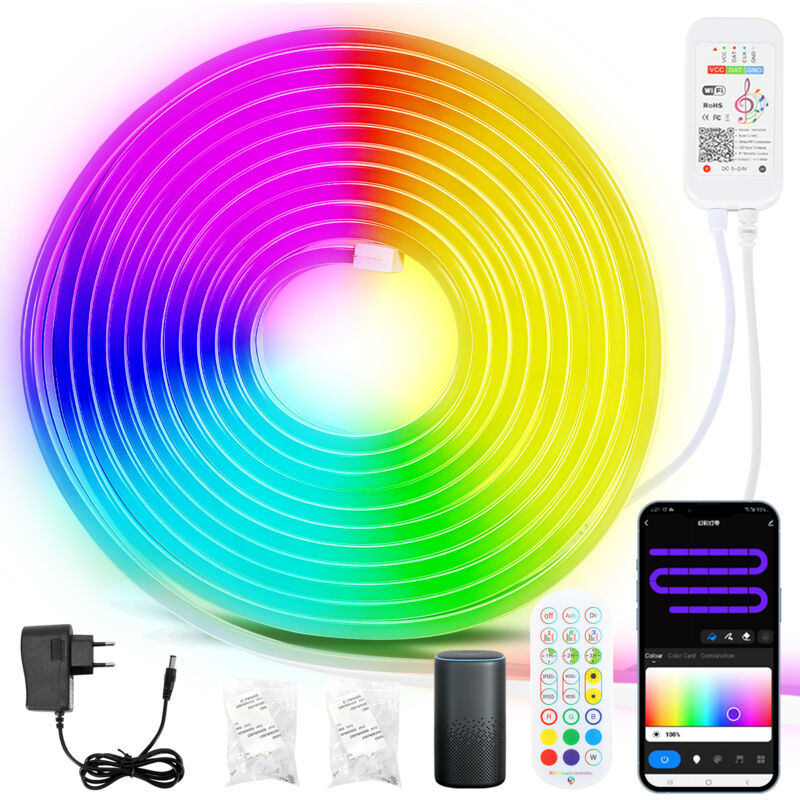foto del prodotto jopassy 5m striscia led neon dimmerabile rgbic striscia led al neon, controllo app e telecomando timer sincronizzazione musicale, con alexa e