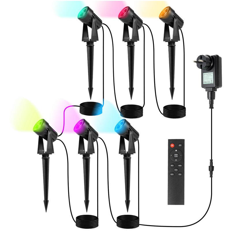 foto del prodotto jopassy confezione da 6 faretti da giardino a led con picchetto di terra, faretti da giardino con zoccolo impermeabile ip65 rgb