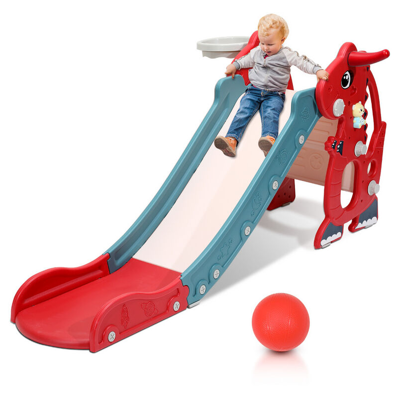 foto del prodotto jopassy scivolo 4 in 1 per bambini area giochi da giardino pieghevole con canestro da basket anello di lancio studenti di lingua inglese rosso