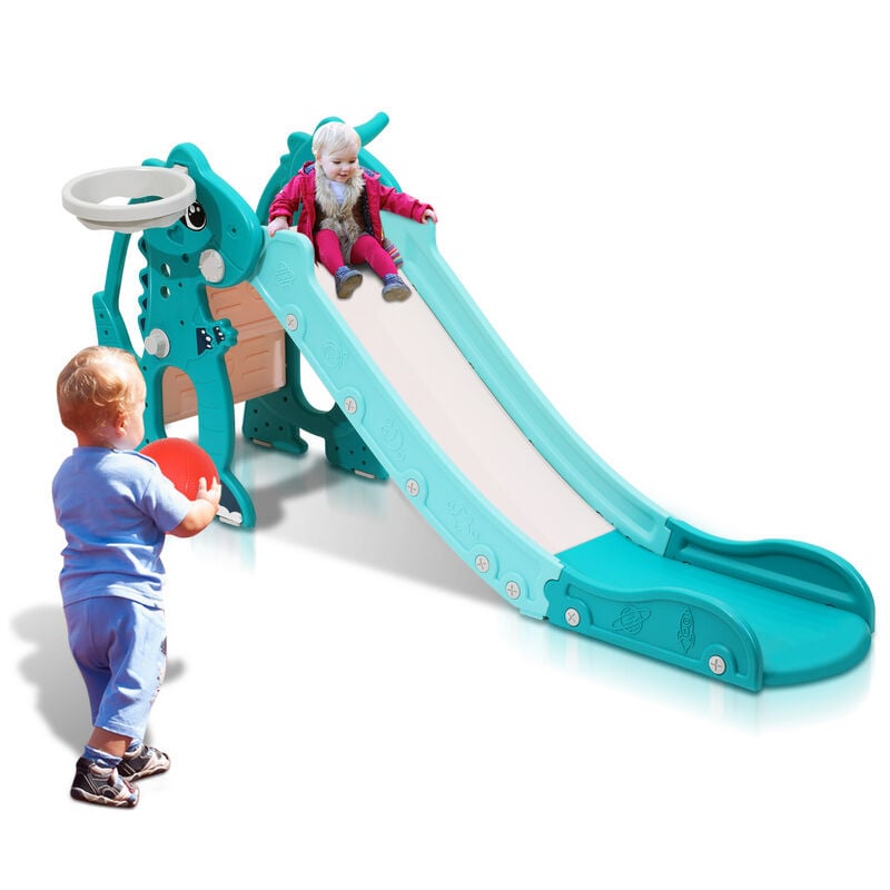 foto del prodotto jopassy scivolo 4 in 1 per bambini area giochi da giardino pieghevole con canestro da basket anello di lancio studenti di lingua inglese verde
