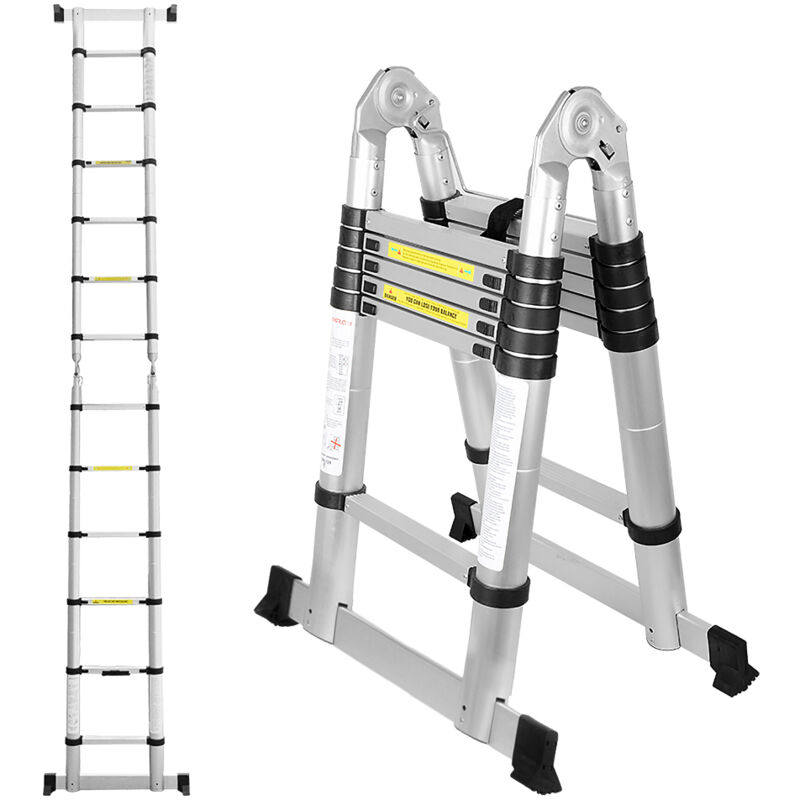 foto del prodotto jopassy swanew scala telescopica alu argento scala pieghevole 1,9m 1,9m a quadro scala con barra di sostegno scala in alluminio estensibile scala