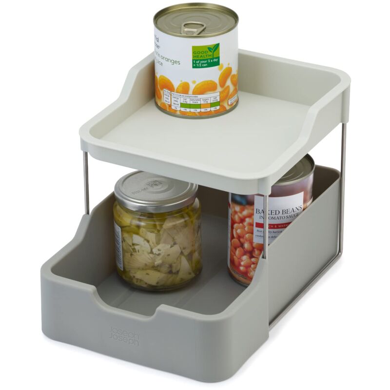 foto del prodotto joseph joseph duo organizzatore per armadio da cucina a 2 livelli con cassetto, porta spezie, organizzatore per bustine e barattoli, grigio