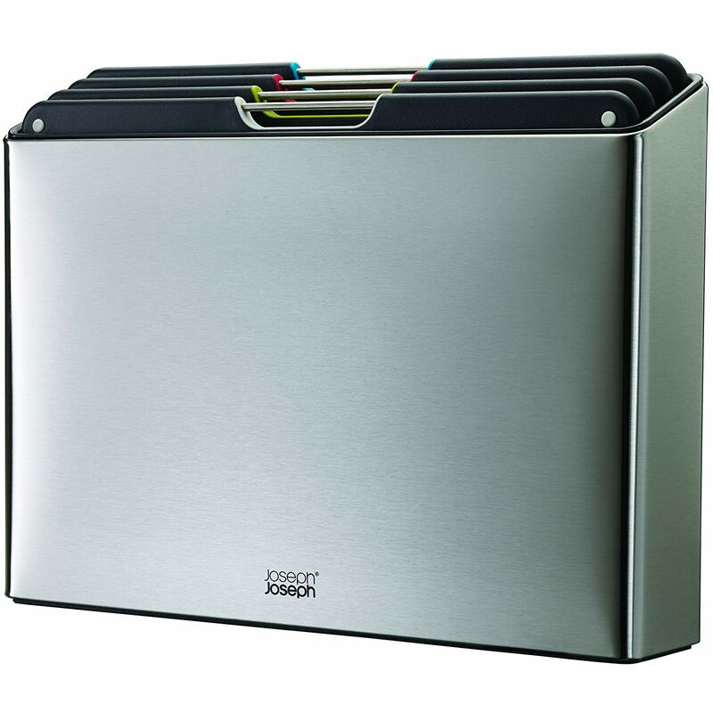 foto del prodotto joseph joseph folio steel set di 4 pezzi, taglieri da cucina neri in plastica, con custodia porta taglieri grande, acciaio inox nero