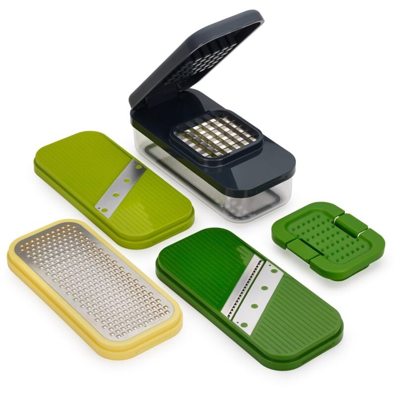 foto del prodotto joseph joseph multi prep compact 4 in 1 mandolina per verdure, affetta verdure, grattugia, taglia cubetti, manuale, con contenitore